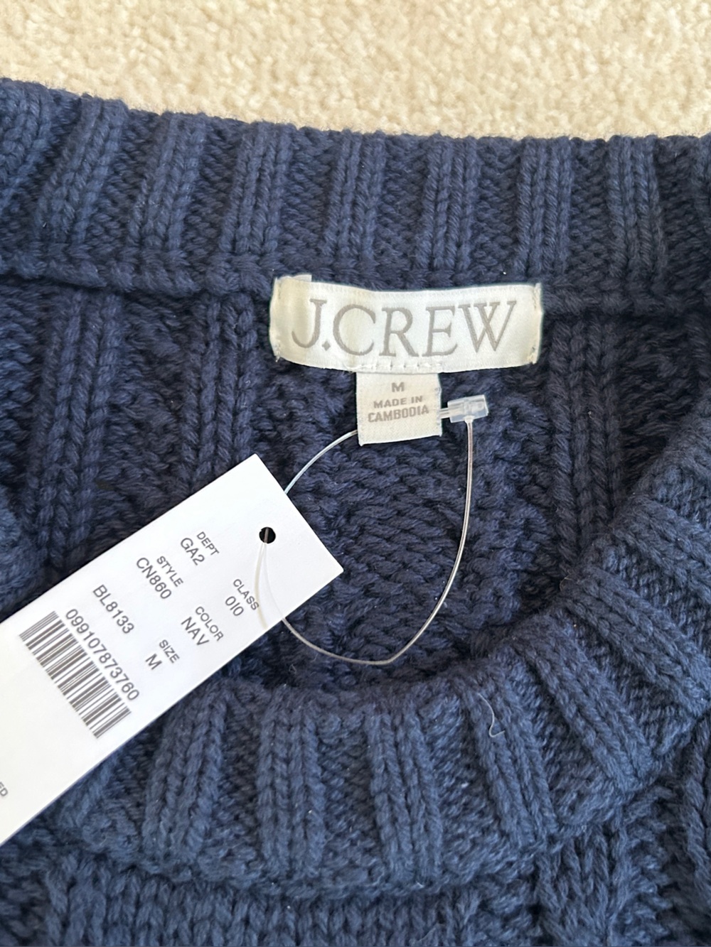 NWT J. Crew Women’s Navy Blue Cotton Cable-Knit Crewneck Sweater Medium Preppy - Picture 4 of 6